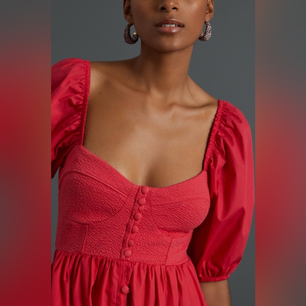 Maeve Anthropologie Red Mini Dress with Puff Sleeves - Picture 3 of 13